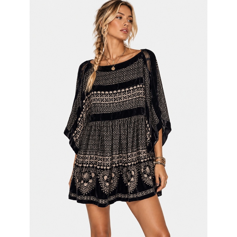 BCBGMAXAZRIA Black Silk Blend Velvet Burnout Boho Tunic Dress S